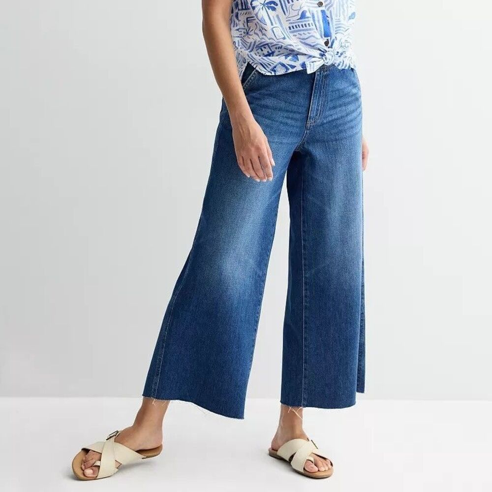 Sonoma Wide Leg Ankle Jeans Womens 14 Blue Dark Wash Raw Hem 100% Cotton NEW